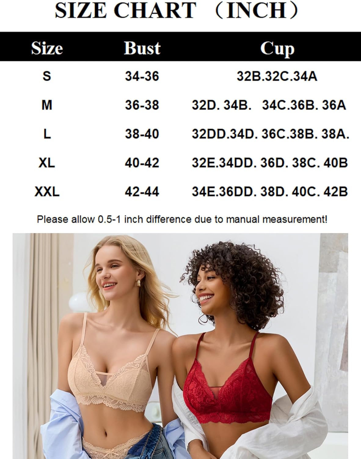 Beige and red lace bralettes, no underwire, thin adjustable straps.