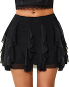 Black layered ruffle mesh mini skirt with gathered tiered flounces