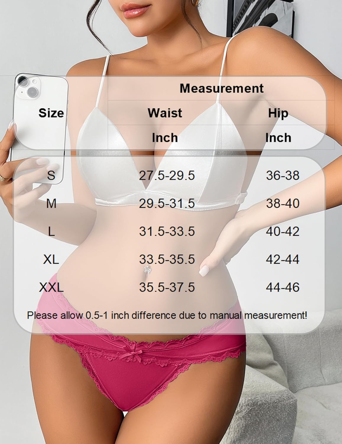 Fuchsia lace stretch hipster panties on model, with thin straps