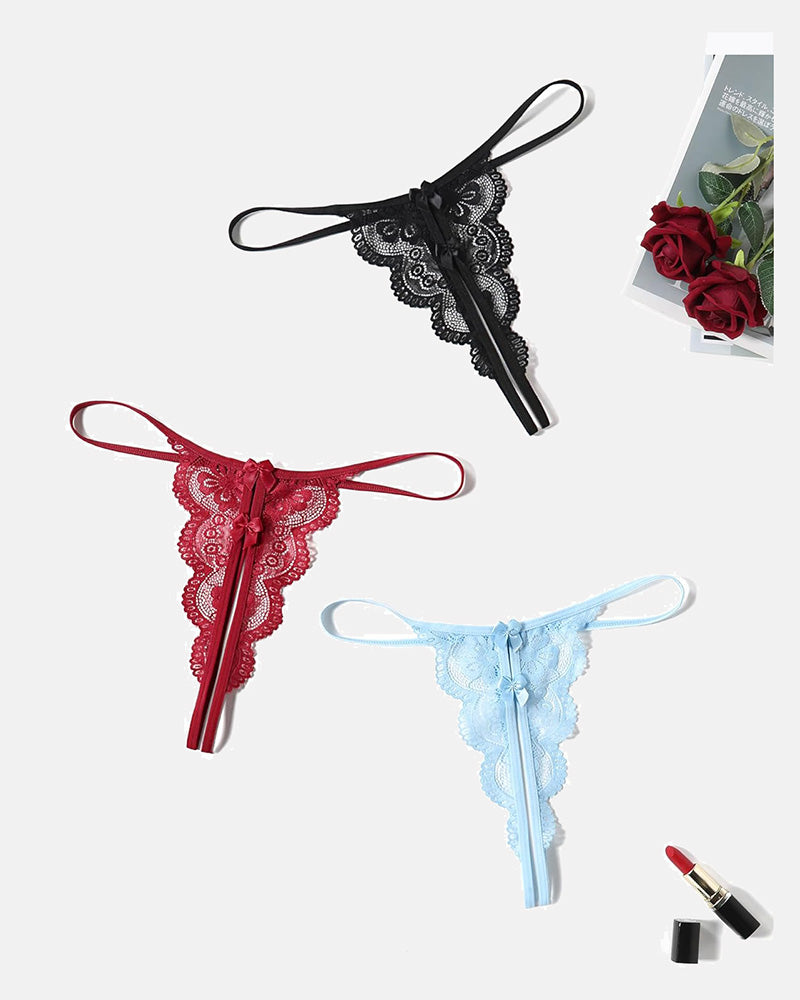 Lace low-rise thong panties set: black, red, and light blue, each with front bow