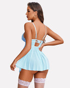 Light blue lace babydoll lingerie dress with lace cups and garter stockings