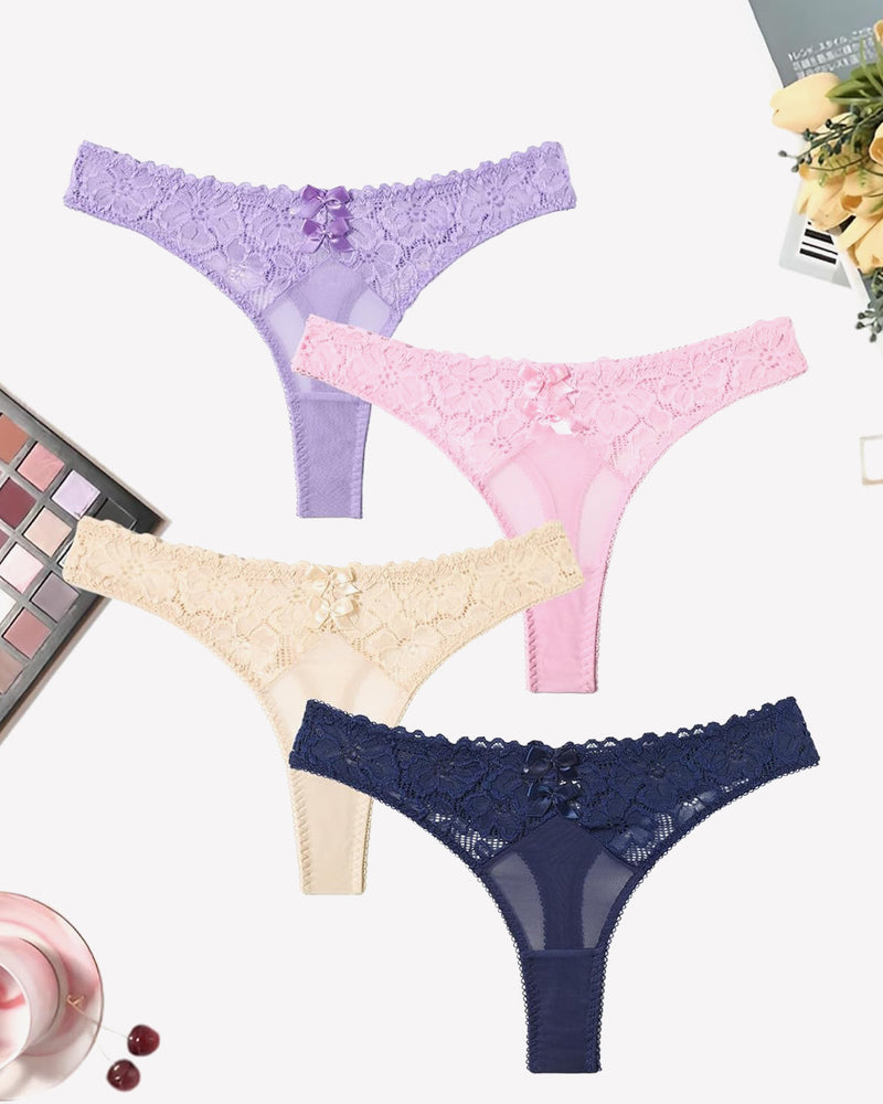 Set of 4 low-waist lace mesh thongs in lavender, pink, cream, and navy