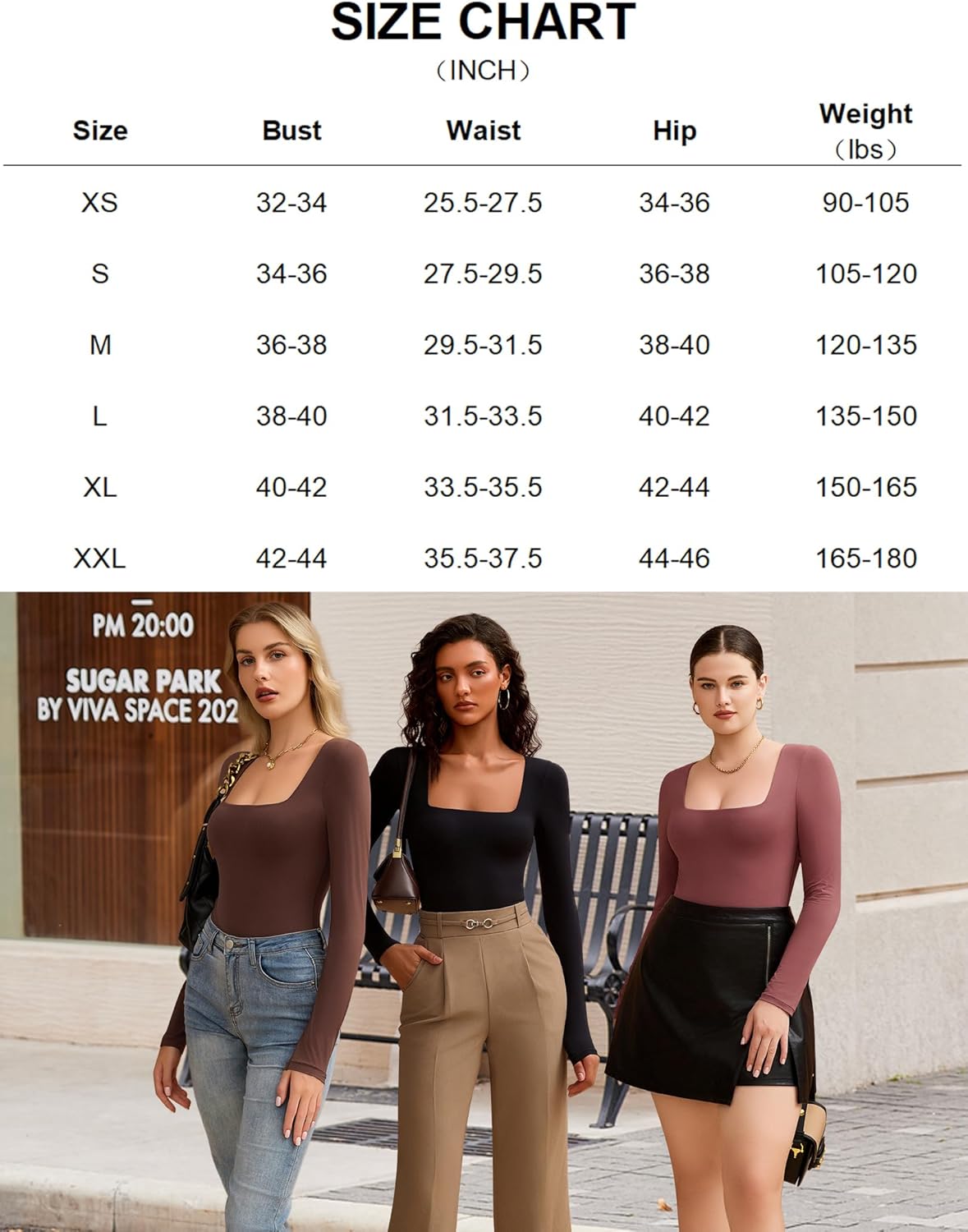 Three double-lined square-neck bodysuit tops on models in brown, black, and rose