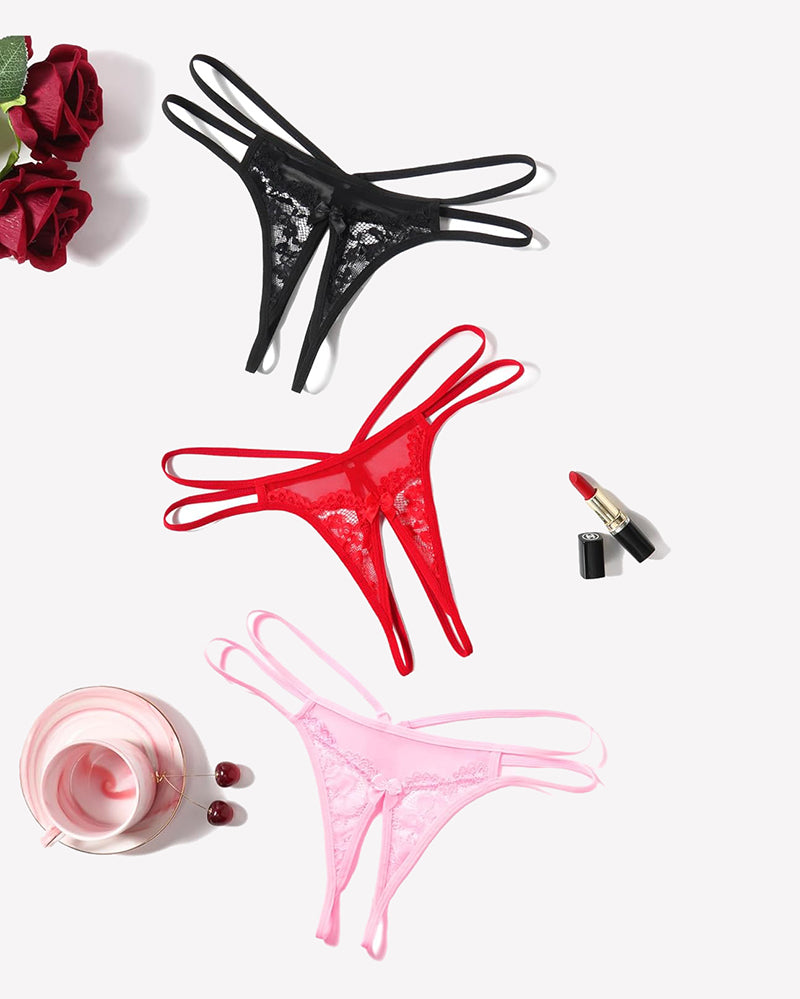 Floral lace G-string set in black, red, and pink