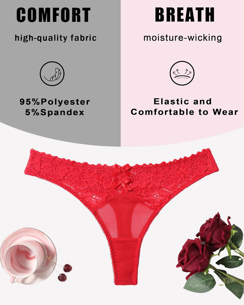 Low-waist red lace mesh thong with scalloped lace edges and center bow