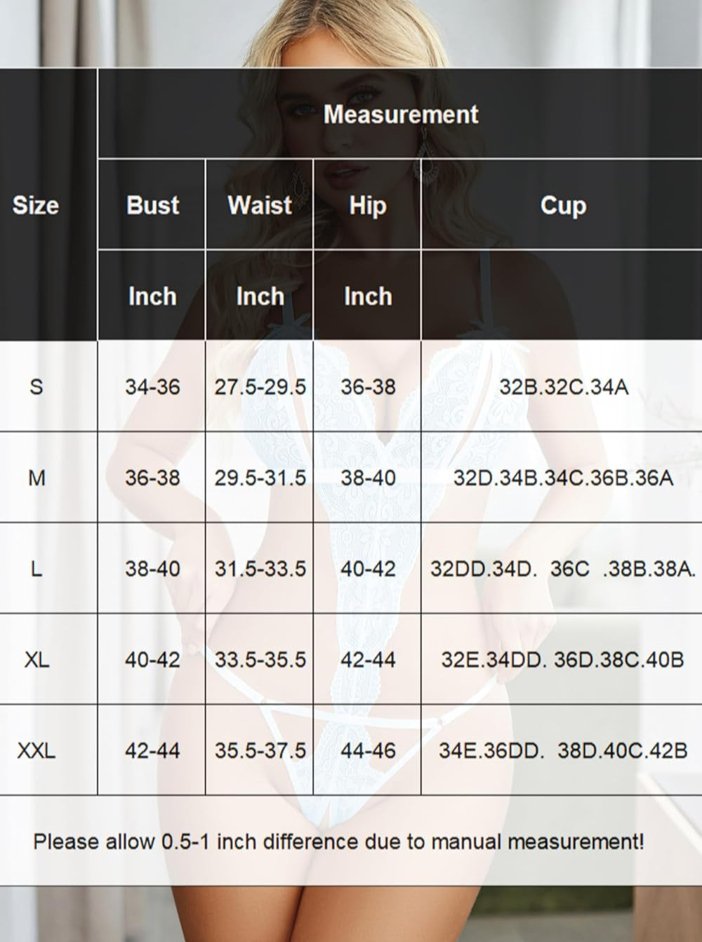 Lace bodysuit size measurement chart showing bust, waist, hip, and cup sizes
