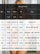Lace bodysuit size measurement chart showing bust, waist, hip, and cup sizes