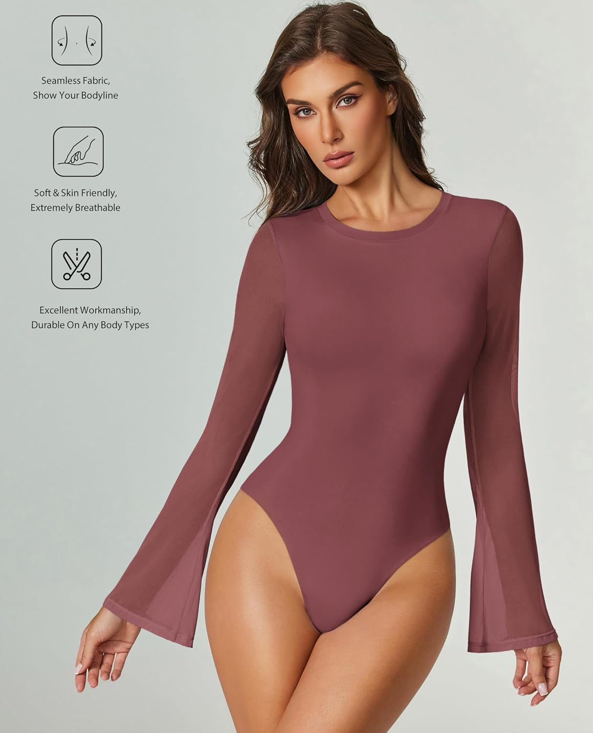 Long-sleeve bodysuit in dark plum with high-cut thong bottom