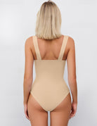 Nude/beige ruched sweetheart-neck bodysuit, back view with wide straps