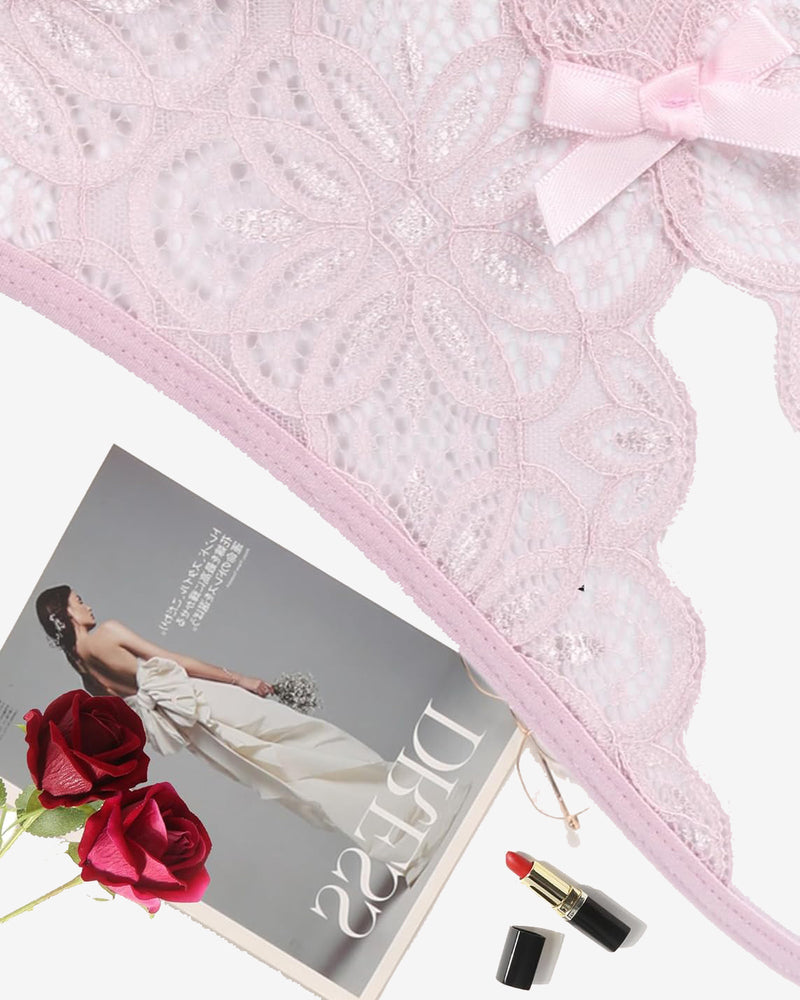 Pink floral lace briefs with bow detail, scalloped lace trim
