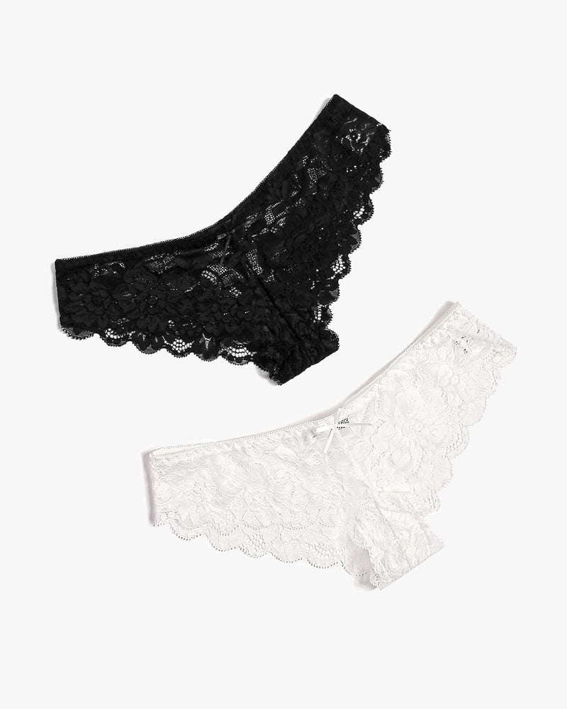 Floral lace hipster panties in black and white, with scalloped lace edges