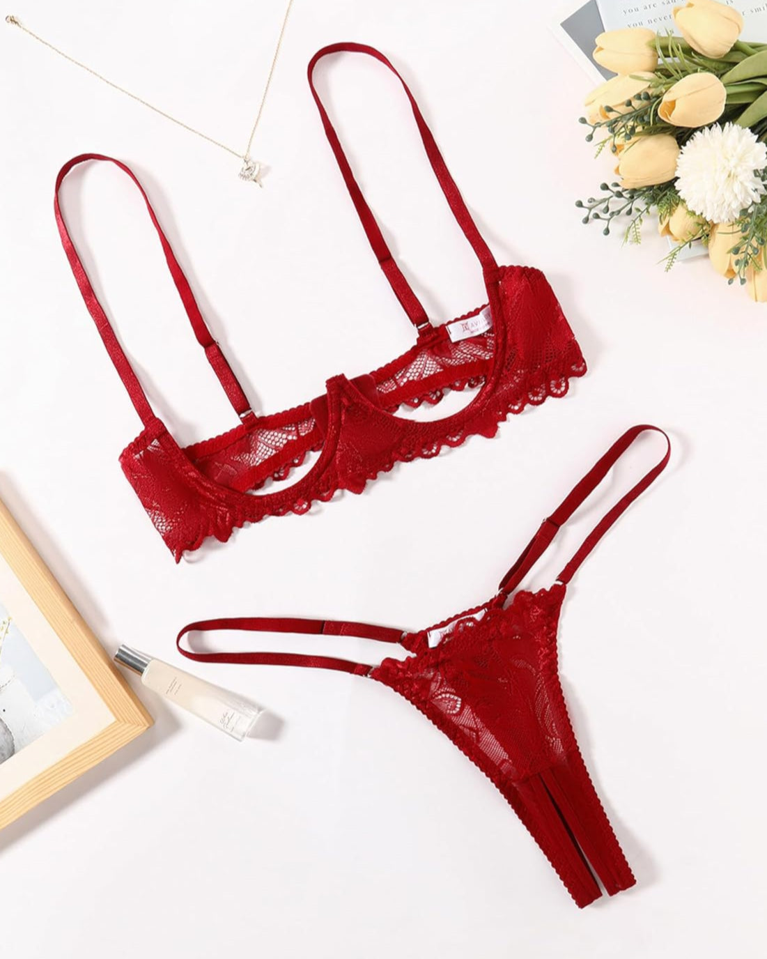 Red lace underwire bra and thong panty set, front view