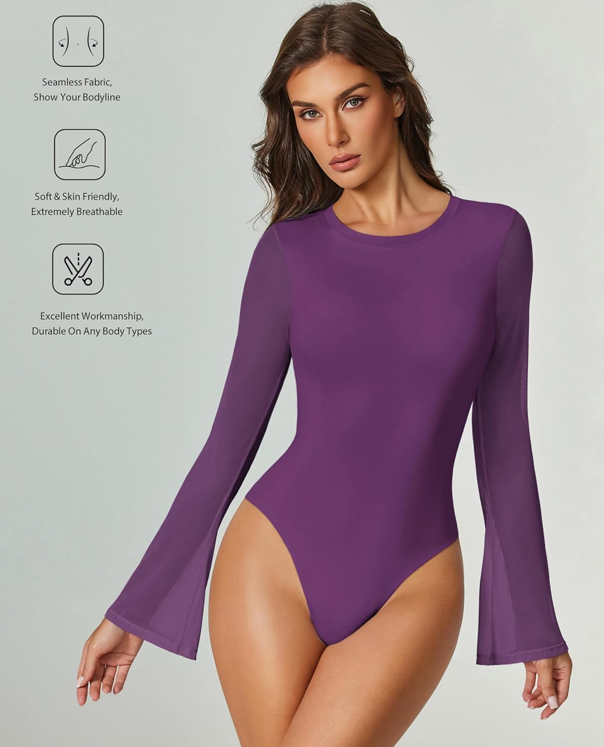 Long-sleeve bodysuit in purple with flared sleeves and high-cut thong bottom