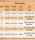 Shapewear measurement size chart showing bust, waist, hip and cup ranges