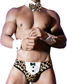 Leopard tuxedo lingerie briefs with black bow and white shirt details