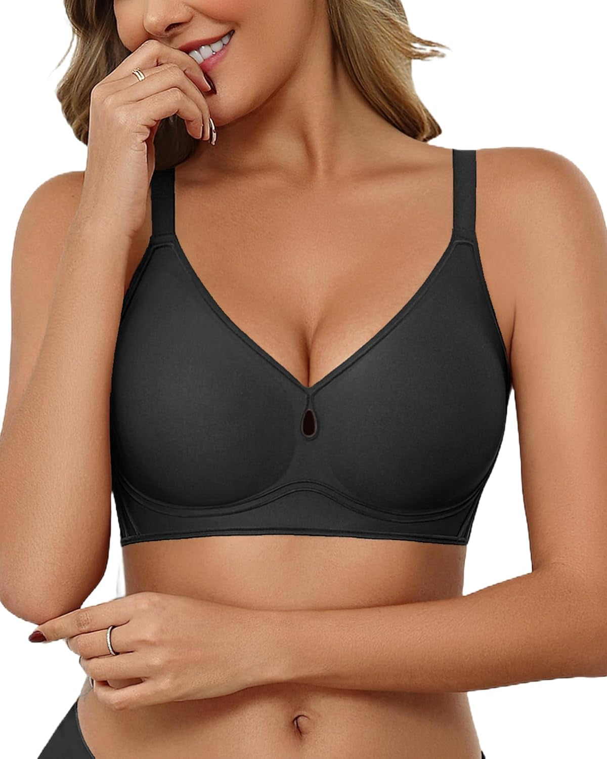 No-underwire seamless bralette in black with velvet-trim V neckline and cutout