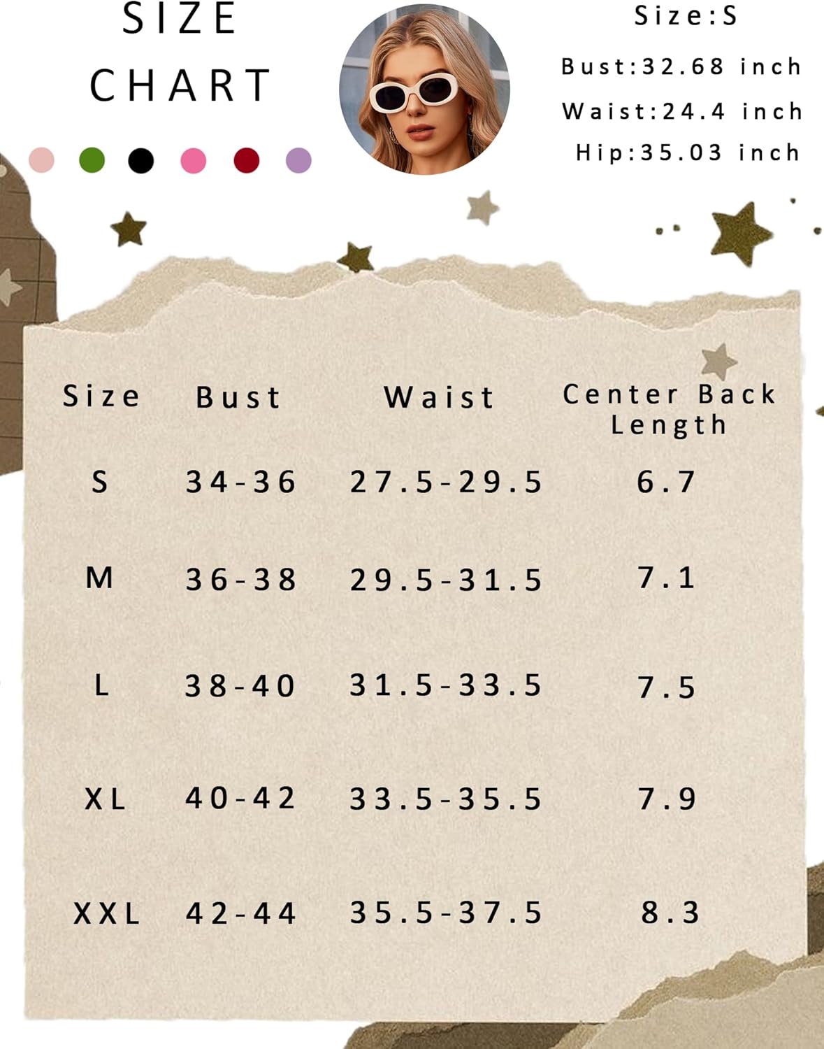 Size chart for Y2K tank top: bust and waist ranges for S–XXL, center back length