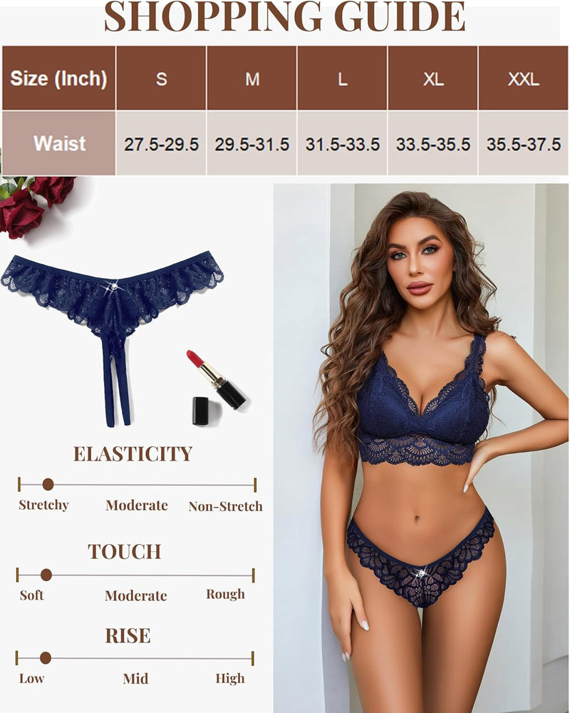 Navy lace thong brief with scalloped trim and crisscross ribbon ties