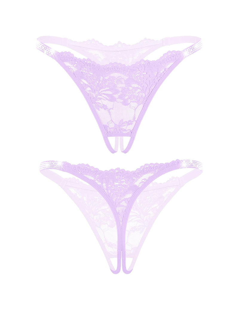 Floral lace thong panties with rhinestone straps, lilac