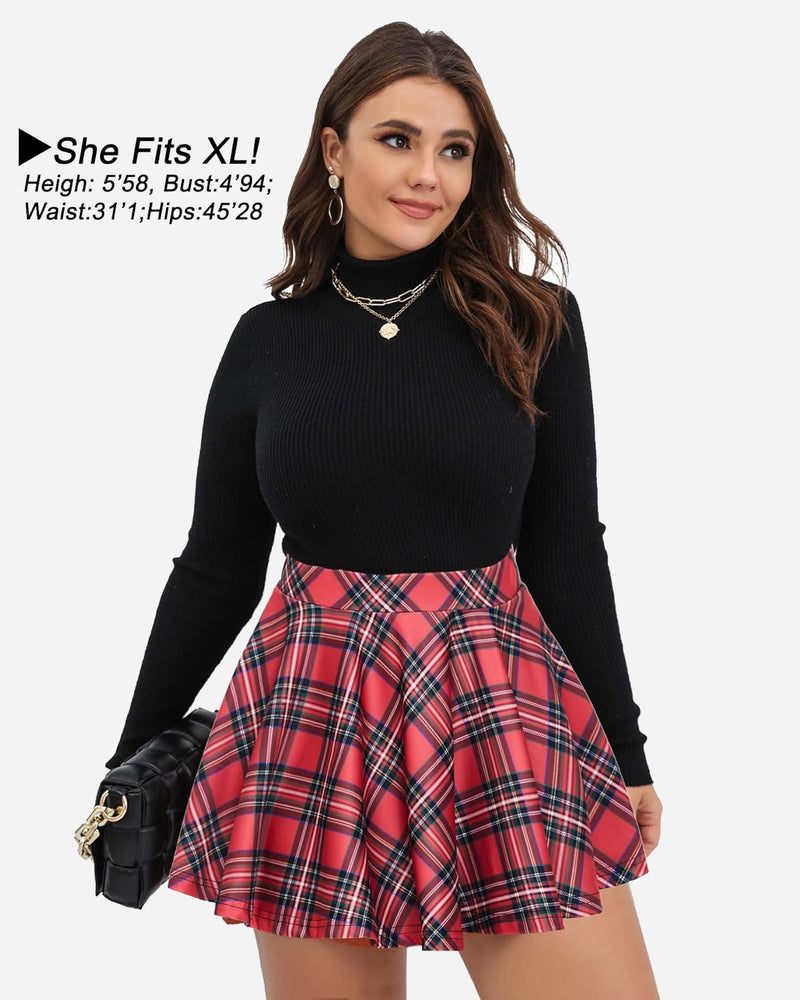 High-waist A-line plaid skirt in red plaid with blue and green lines, flared hem