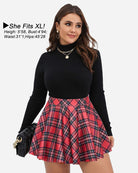 High-waist A-line plaid skirt in red plaid with blue and green lines, flared hem