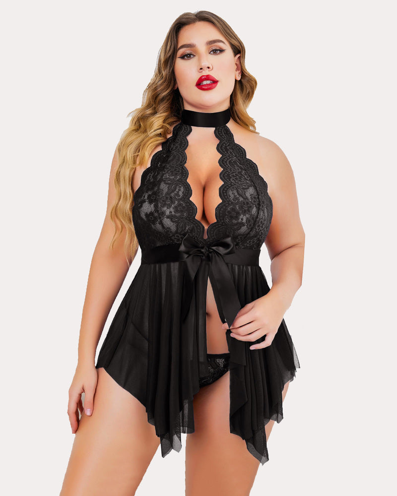 Black lace halter teddy babydoll with plunge cups, satin bow, and asymmetric sheer skirt