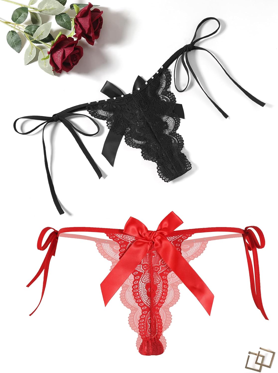 Lace thong with bows in black and red, tie sides