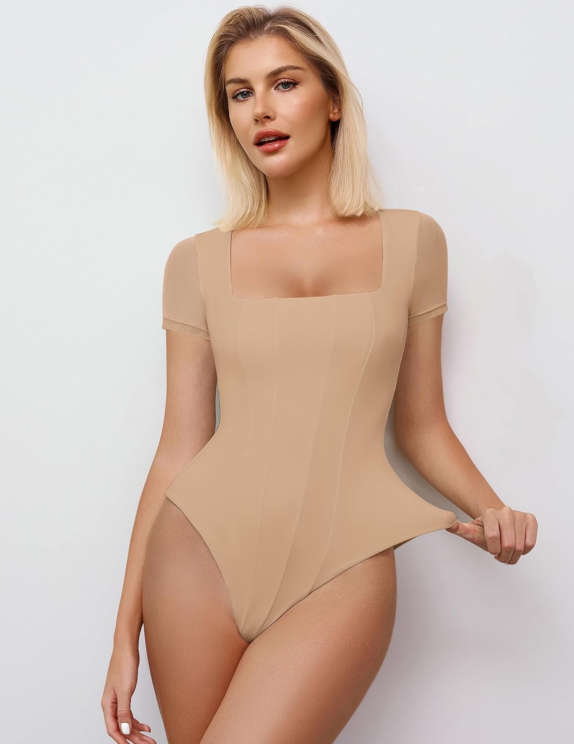 Nude square-neck mesh bodysuit with short sleeves, fitted double-layer design.