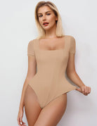 Nude square-neck mesh bodysuit with short sleeves, fitted double-layer design.