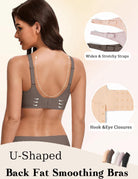 Grey wireless bra back view with wide adjustable straps and hook-and-eye closure