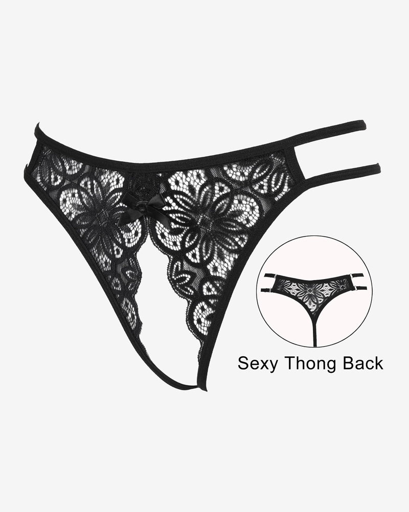 Black floral lace thong briefs with cute bow, lace back panel
