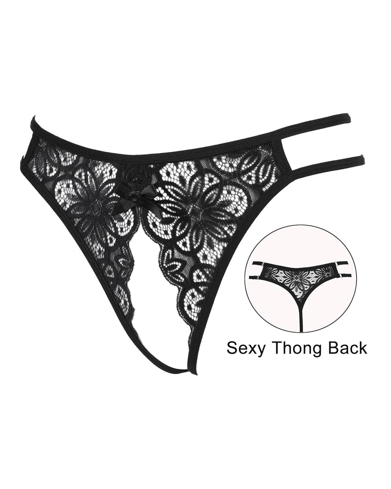 Black lace thong briefs with bow detail, semi-sheer floral pattern and low-rise cut.