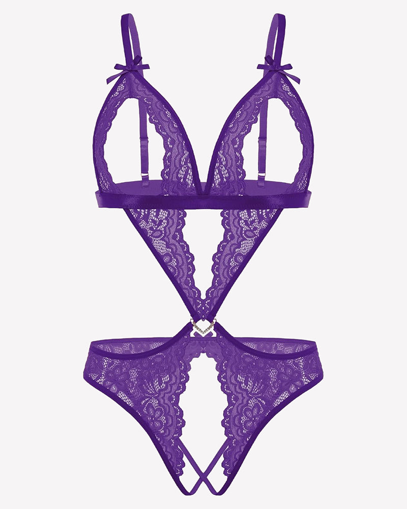 Purple lace deep V teddy bodysuit with bow straps and lace cutout triangle front