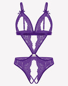Purple lace deep V teddy bodysuit with bow straps and lace cutout triangle front