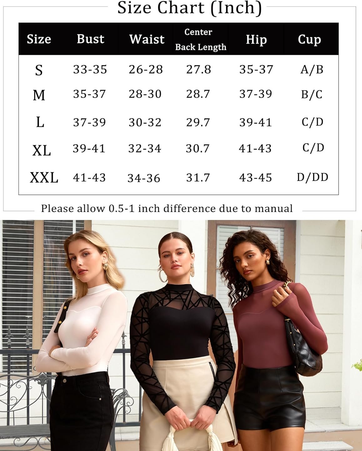 Sheer mesh bodysuits on models—white, black, and burgundy—long sleeves
