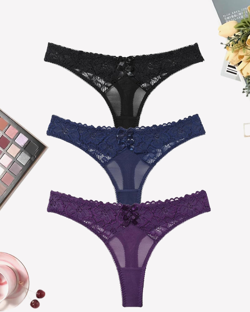 Set of 3 low-waist lace mesh thongs in black, navy, and purple