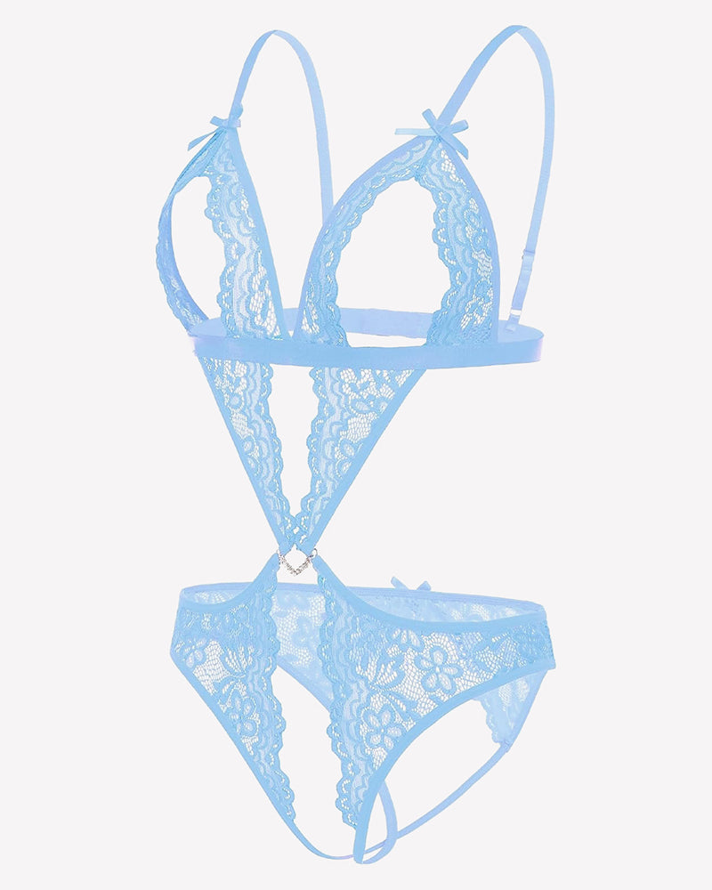 Light blue lace deep V teddy bodysuit with underwire cups and adjustable straps