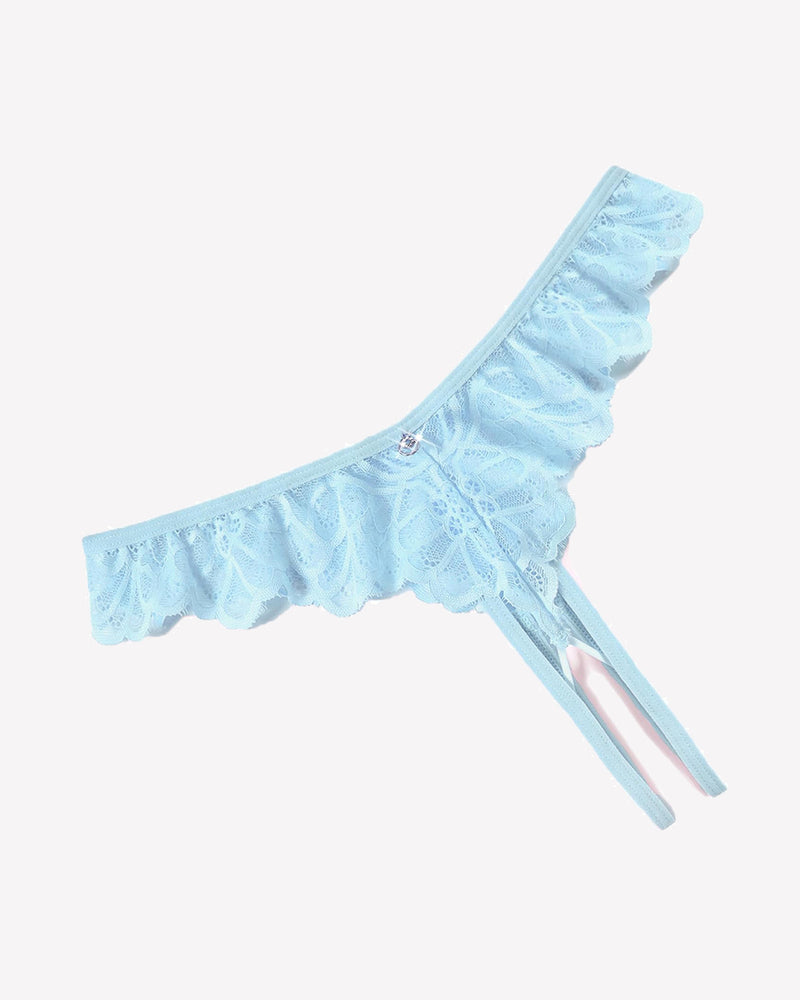 Light blue lace crisscross thong briefs with scalloped edges and ribbon ties