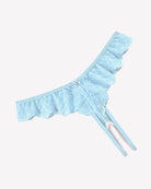 Light blue lace crisscross thong briefs with scalloped edges and ribbon ties