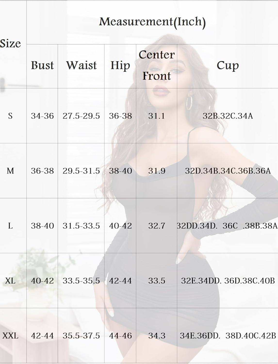 Lingerie size measurement chart with bust, waist, hip, cup, and center front