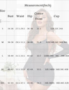 Lingerie size measurement chart with bust, waist, hip, cup, and center front
