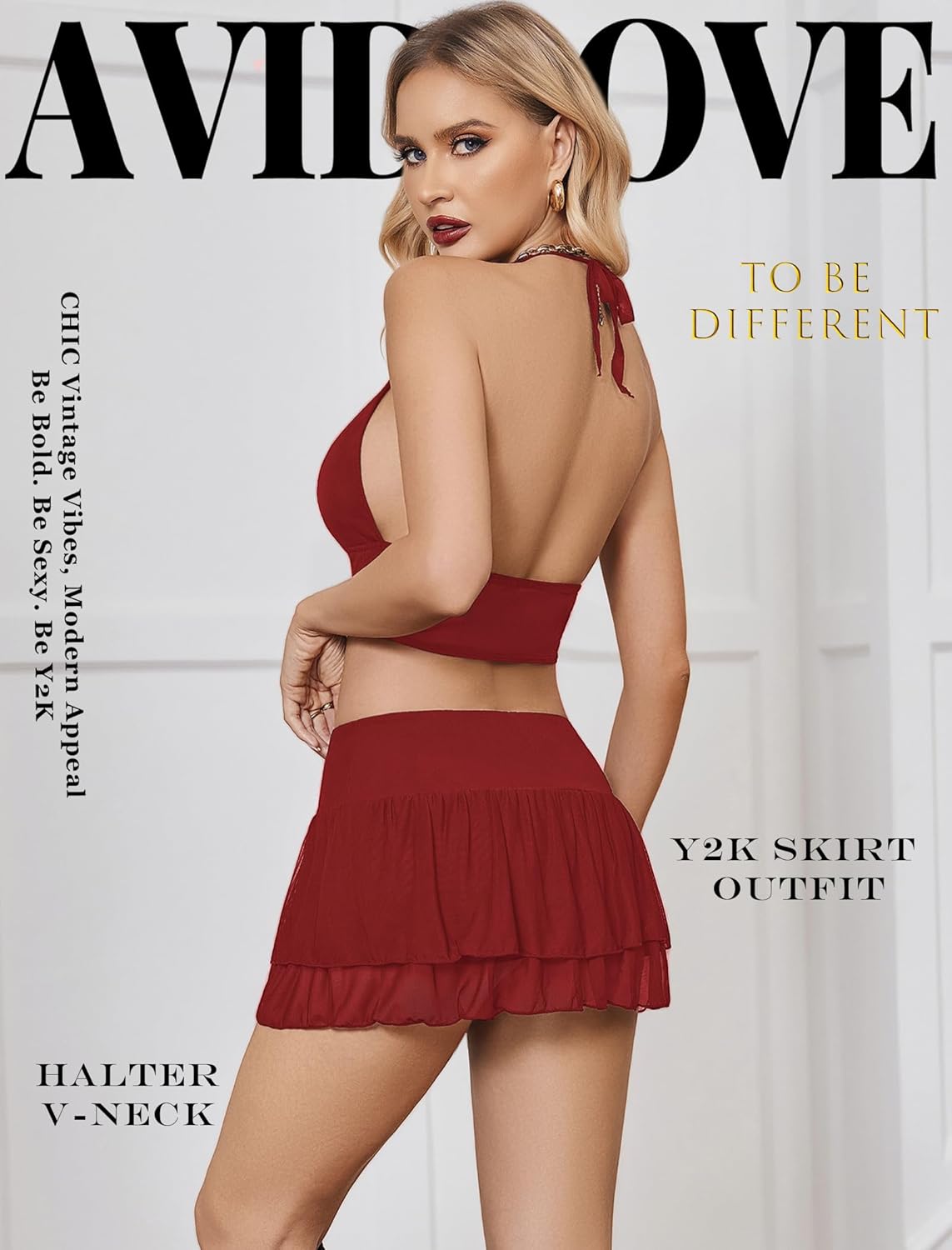Halter backless tank top and mini skirt set, wine red with ruffle skirt