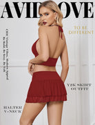Halter backless tank top and mini skirt set, wine red with ruffle skirt