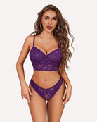 Purple lace bra and crotchless panty set with scalloped trim and lace overlay