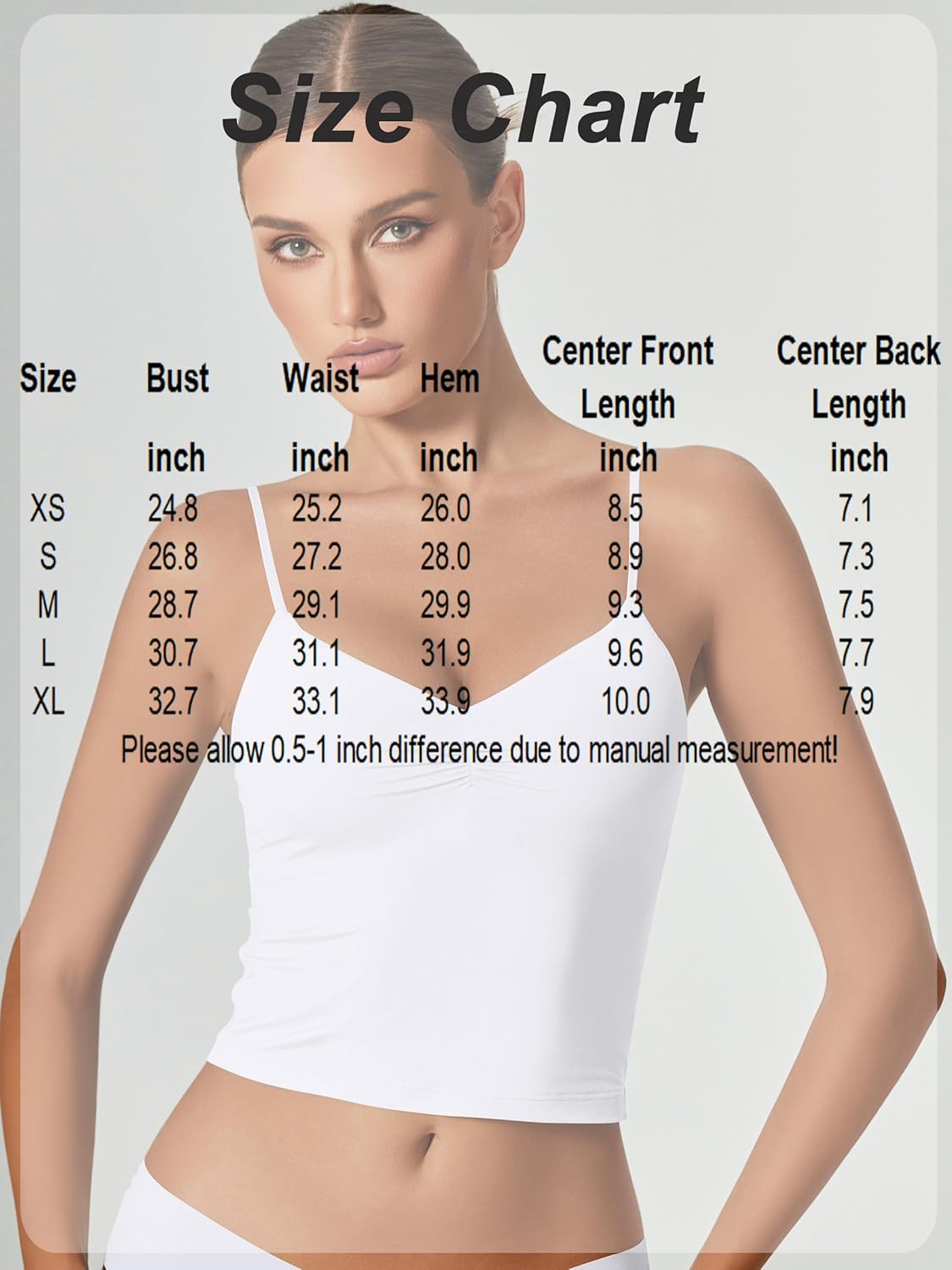 Tank top size chart with bust, waist, hem, and center front/back lengths