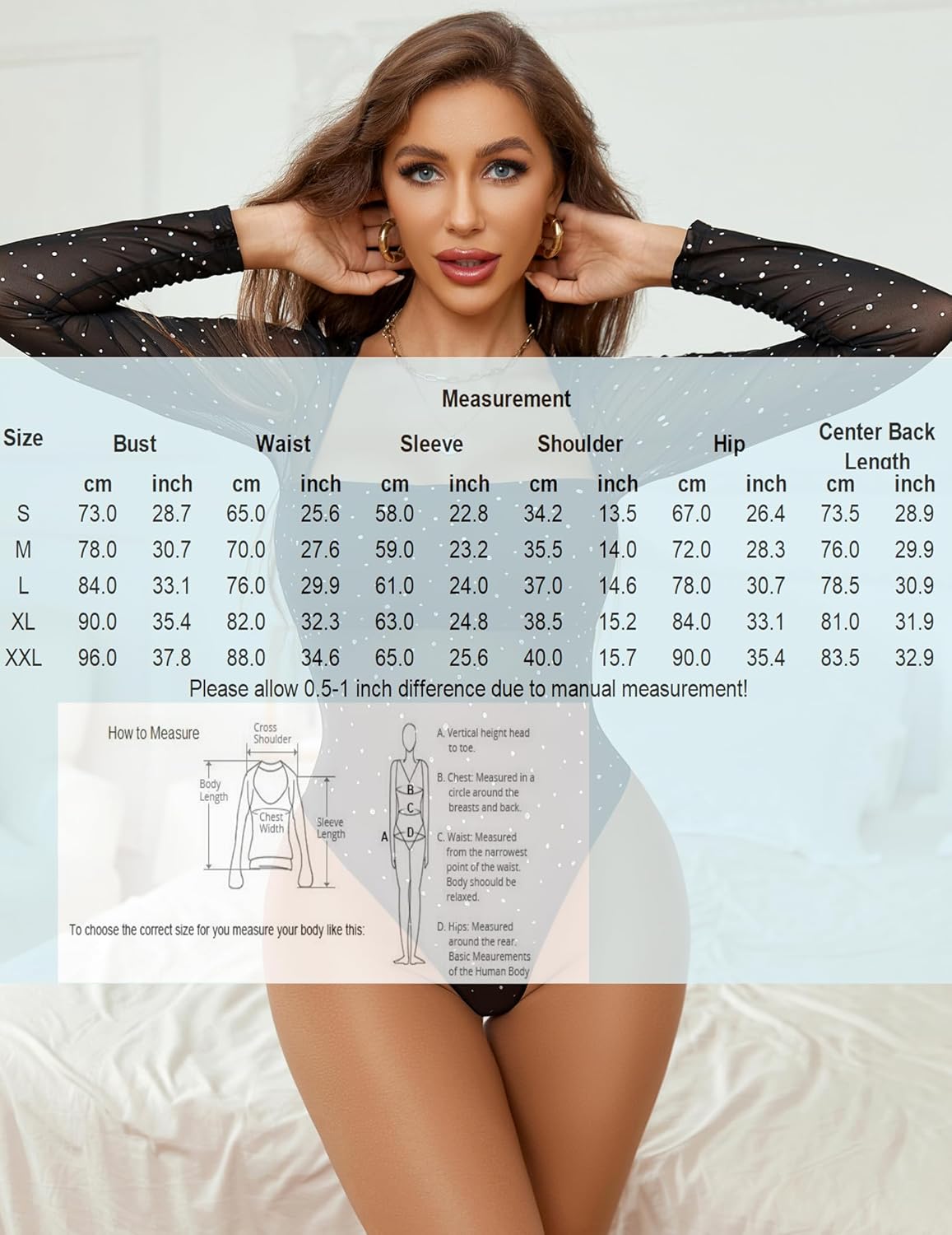 Black rhinestone mesh long-sleeve bodysuit with square neckline and rhinestone dots.