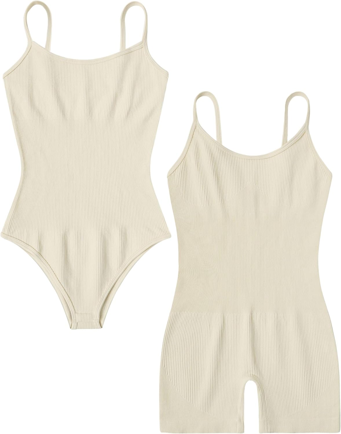 Beige ribbed tummy control romper, two-piece flat lay showing scoop neck and thin straps