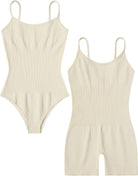 Beige ribbed tummy control romper, two-piece flat lay showing scoop neck and thin straps