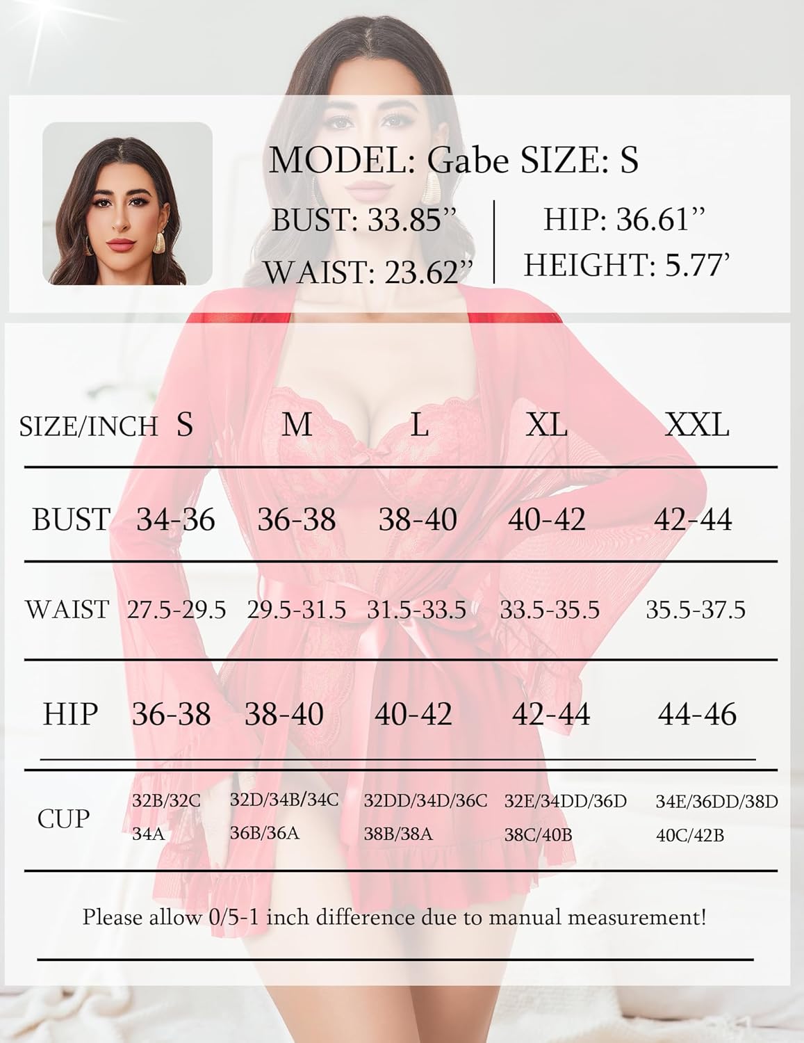 Lingerie size chart for model Gabe, bust waist hip and cup sizes table.