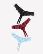Lace thong briefs set: black, burgundy, and light blue with crisscross ribbon ties